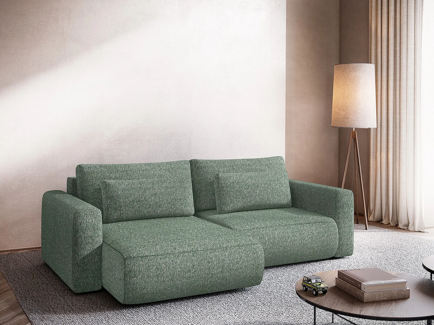 Canapé d’angle 2,5 places gauche convertible en tissu texturé - vert clair - KAPUA