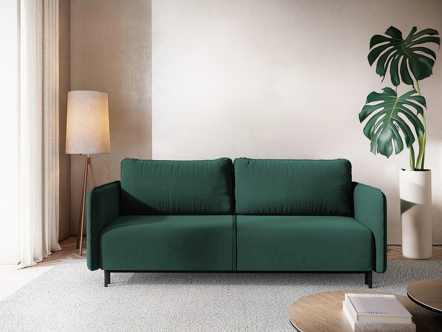 3-Sitzer Sofa mit Schlaffunktion - - Strukturstoff - Flaschengrün - LUANA