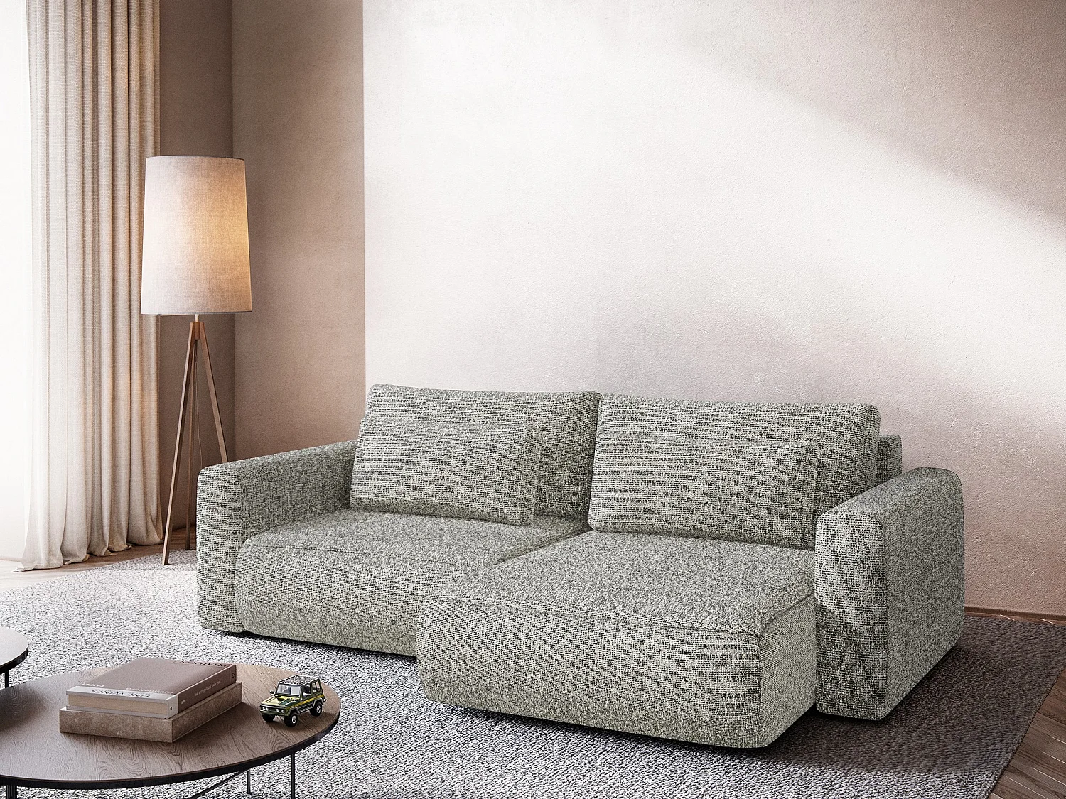 Canapé d’angle 2,5 places droit convertible en tissu texturé - gris beige - KAPUA