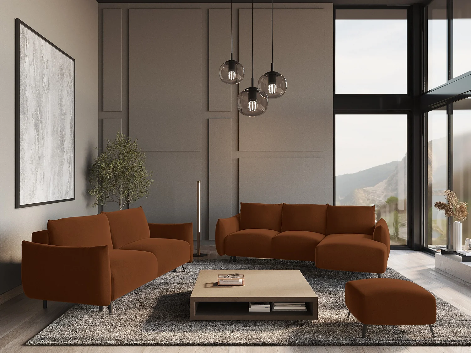 3-Sitzer Sofa mit Schlaffunktion - - Samt - Terrakotta - MALIE