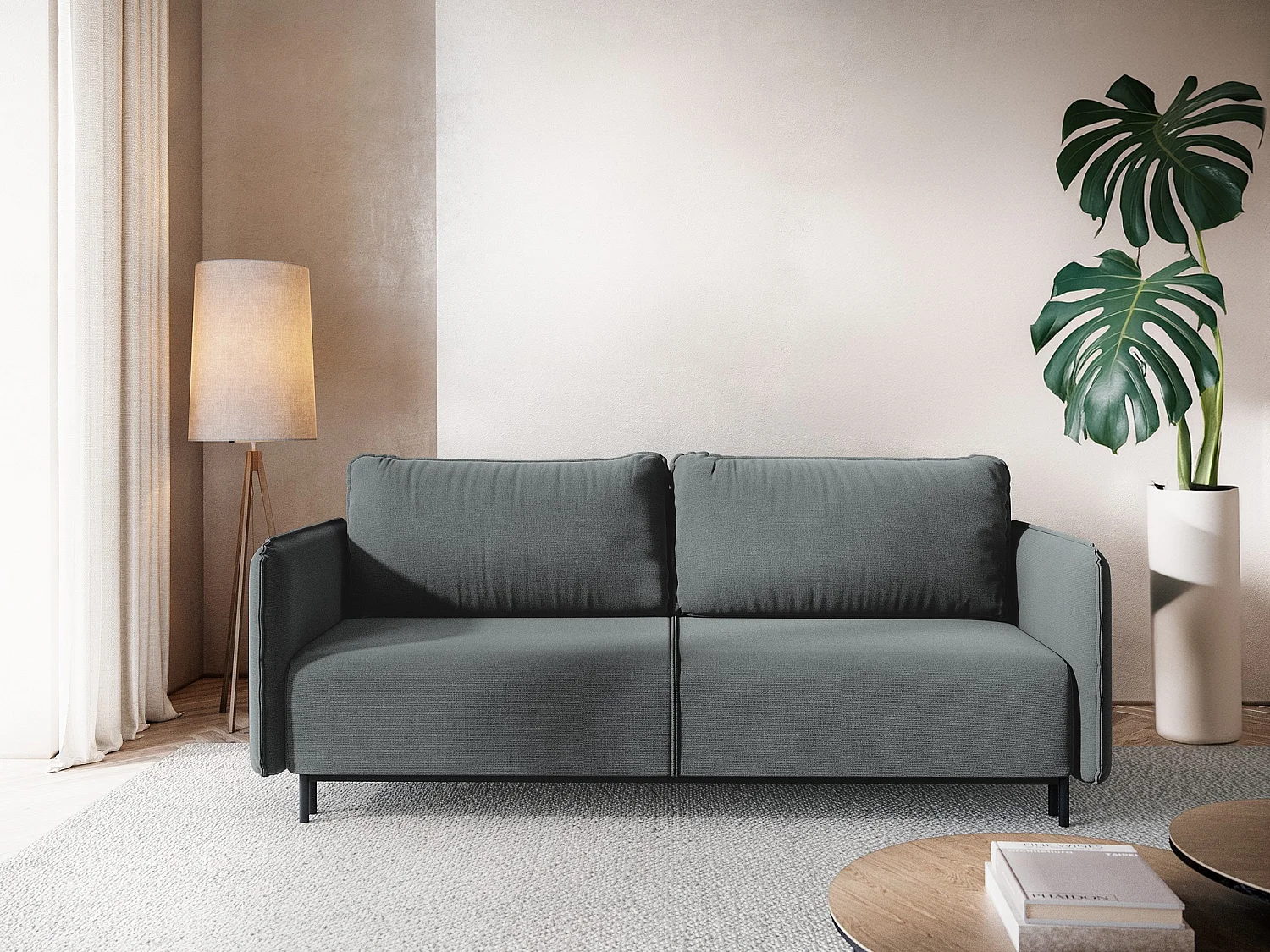 Canapé 3 places convertible en tissu texturé - gris - LUANA