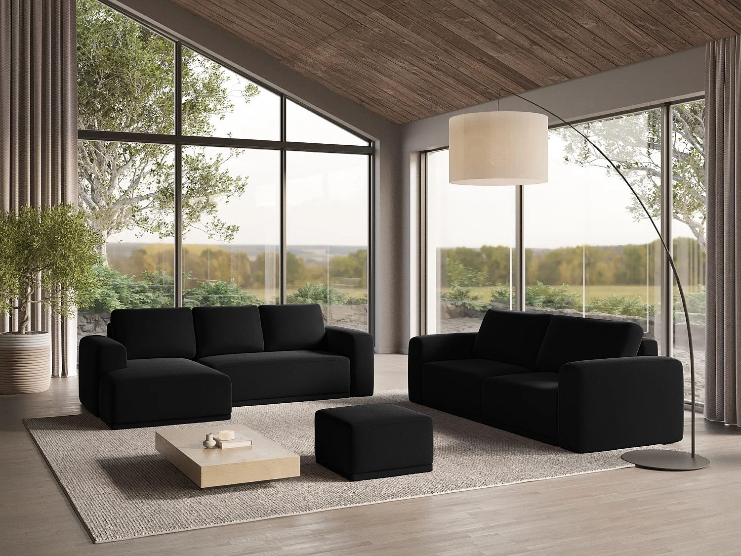 3-Sitzer Ecksofa mit Schlaffunktion - Ecke Links - Samt - Schwarz - KAILA