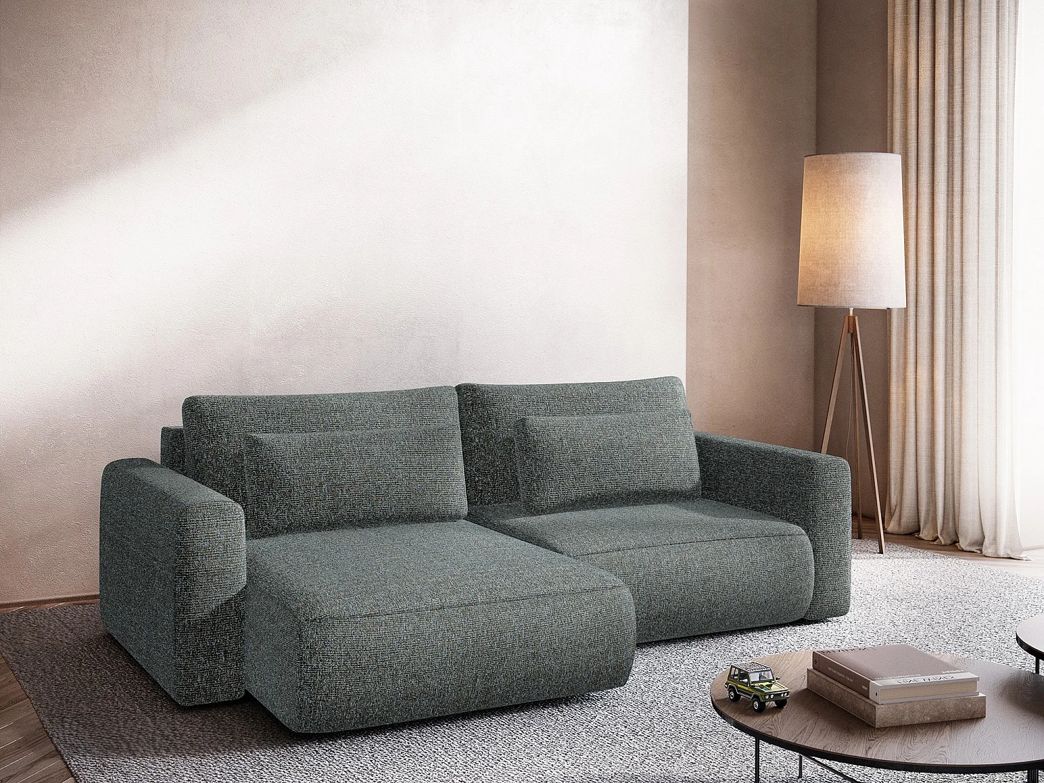 Narożnik lewostronny z funkcją spania - z tkaniny strukturalnej - stalowy - KAPUA