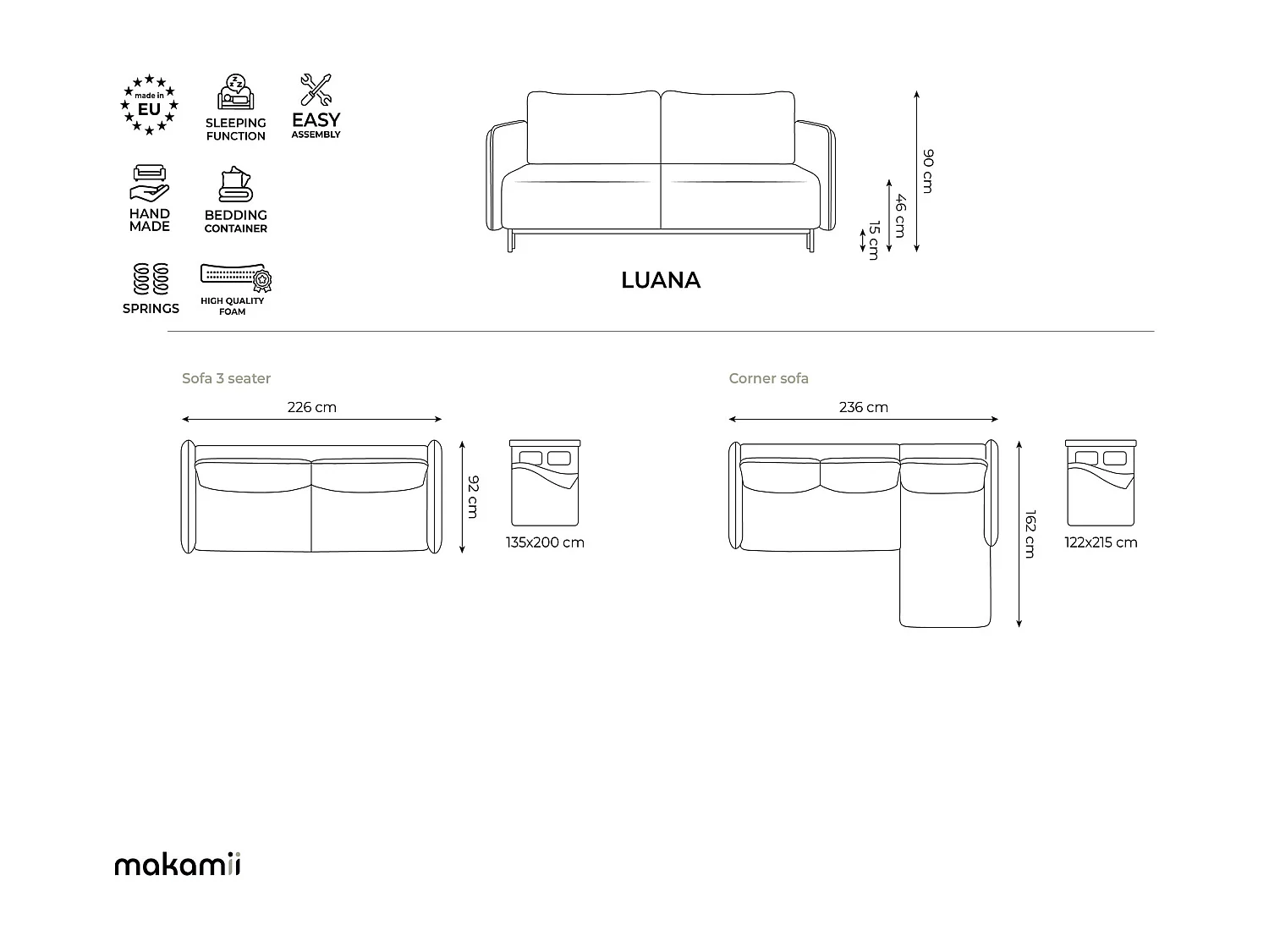 3-Sitzer Ecksofa mit Schlaffunktion - Ecke Links - Strukturstoff - Hellblau - LUANA