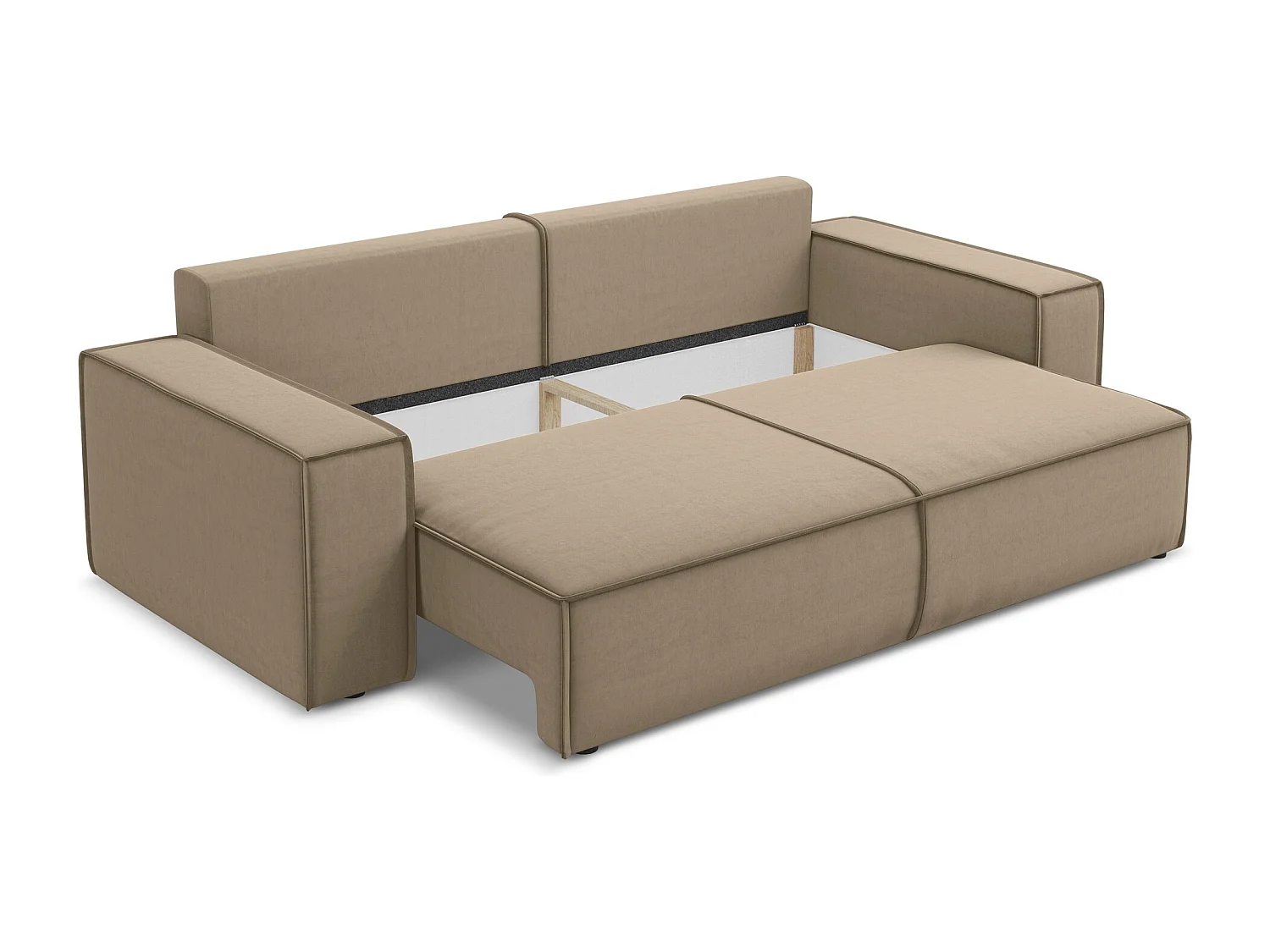 Driezits-slaapbank van lichtbeige velours - KIMO