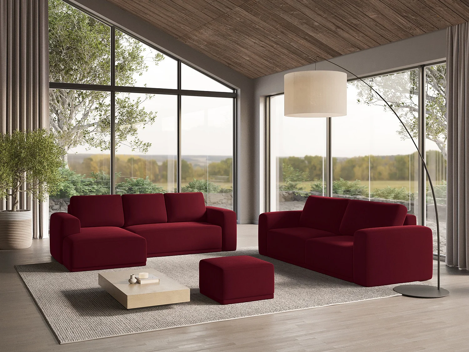 3-Sitzer Ecksofa mit Schlaffunktion - Ecke Links - Samt - Burgund - KAILA