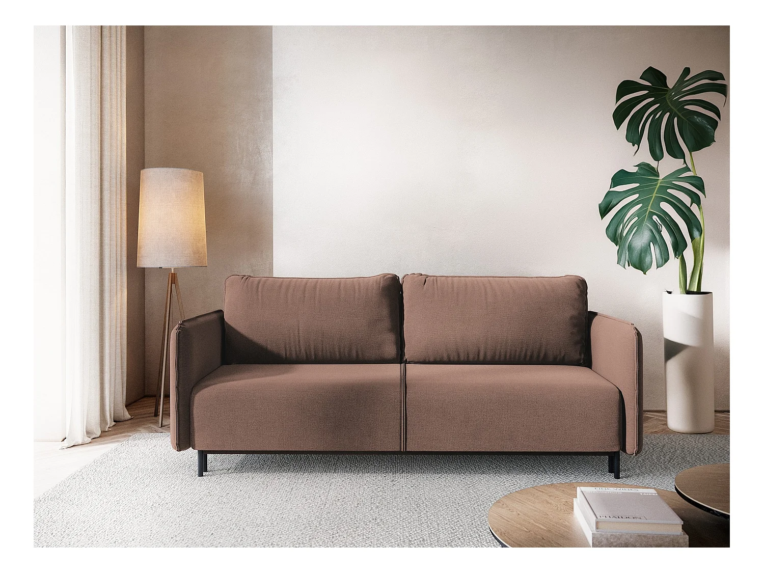 Kanapa 3-osobowa z funkcją spania - z tkaniny strukturalnej - pudrowy róż - LUANA