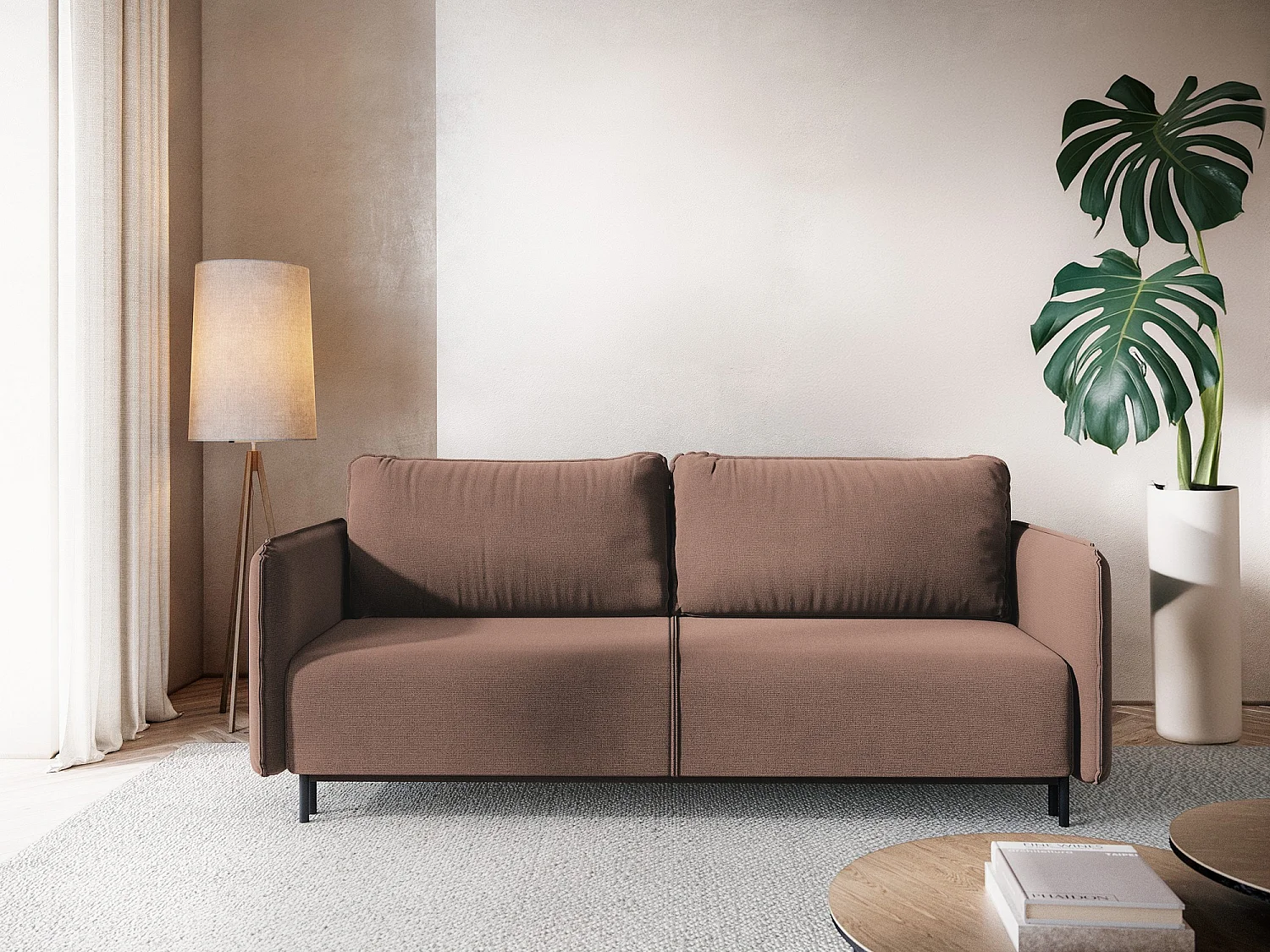 Sofá de 3 lugares convertível em tecido texturizado rosa pó - LUANA