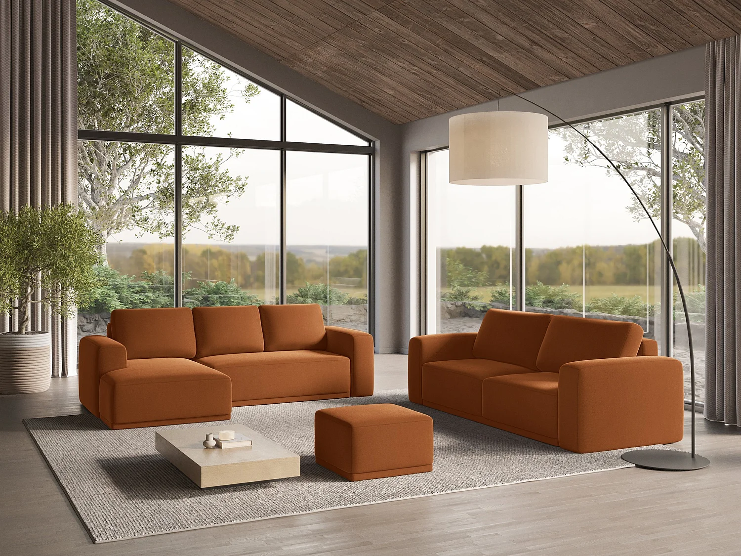 3-Sitzer Ecksofa mit Schlaffunktion - Ecke Links - Samt - Terrakotta - KAILA