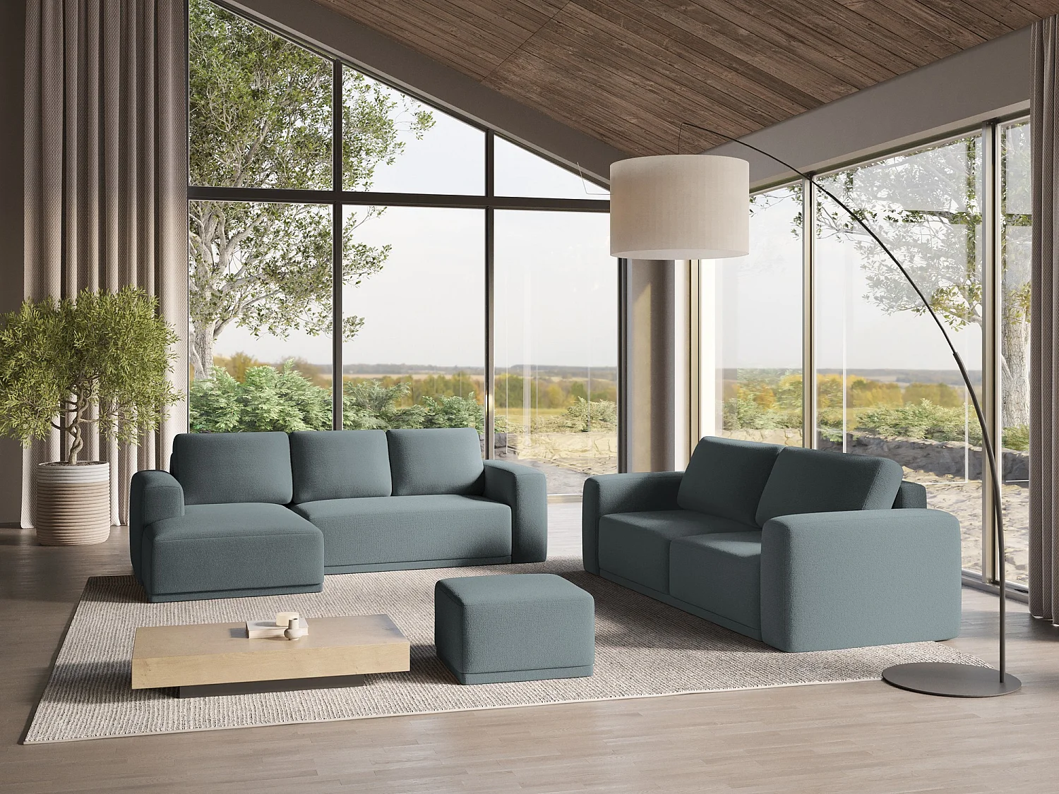 Canapé d'angle gauche convertible en tissu chenille - jeans - KAILA