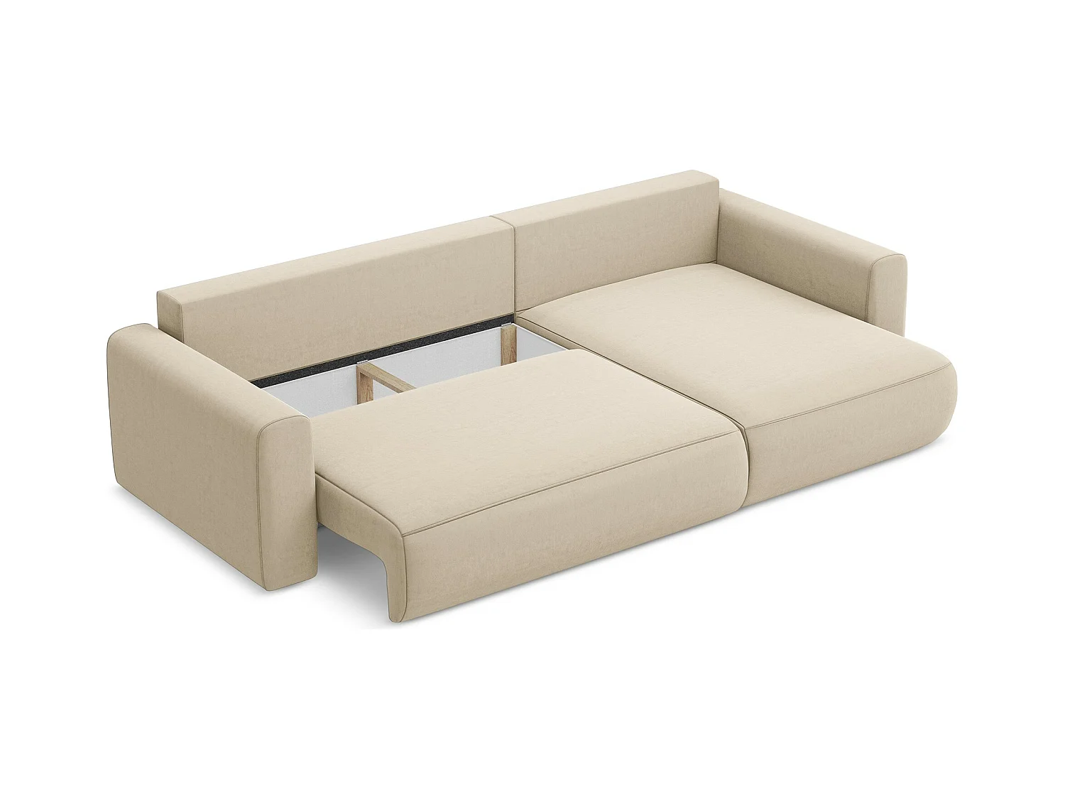 Canapé d’angle 3 places droit convertible en velours - beige clair - KAPUA