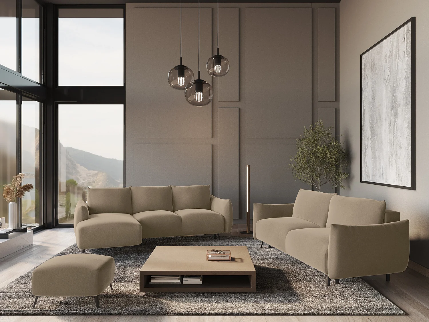 Hoekslaapbank links van lichtbeige velours - MALIE