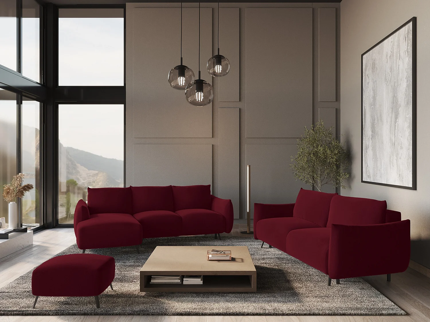 3-Sitzer Ecksofa mit Schlaffunktion - Ecke Links - Samt - Burgund - MALIE