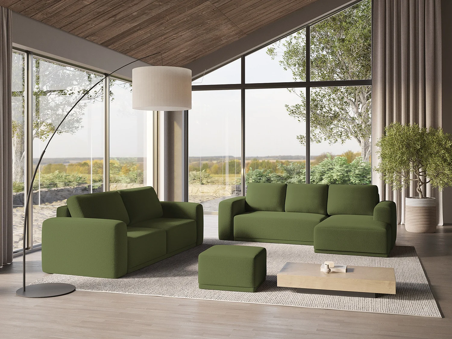 Ecksofa mit Schlaffunktion - Ecke Rechts - Chenille - Flaschengrün - KAILA