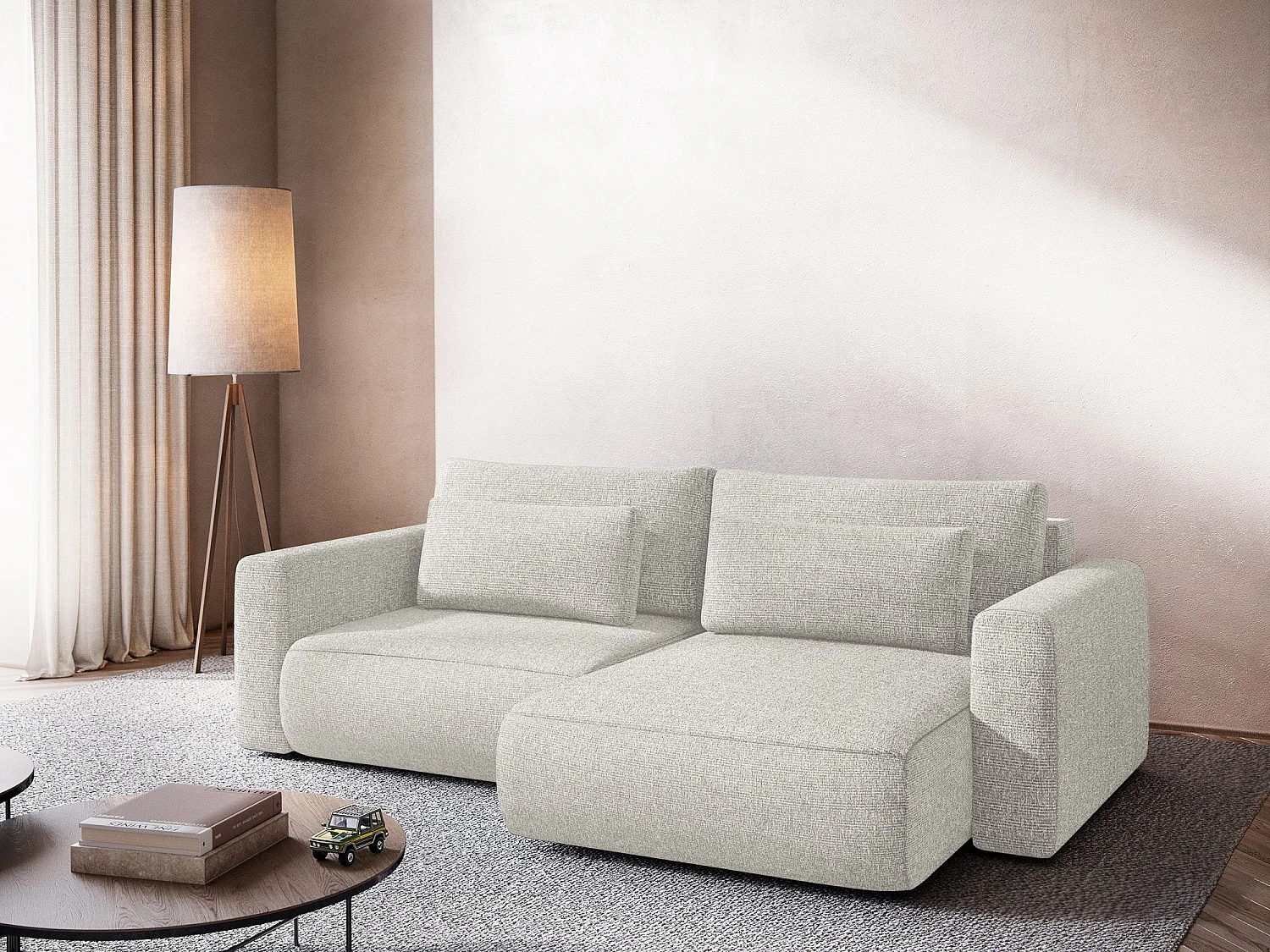 Canapé d’angle 2,5 places droit convertible en tissu texturé - blanc beige - KAPUA