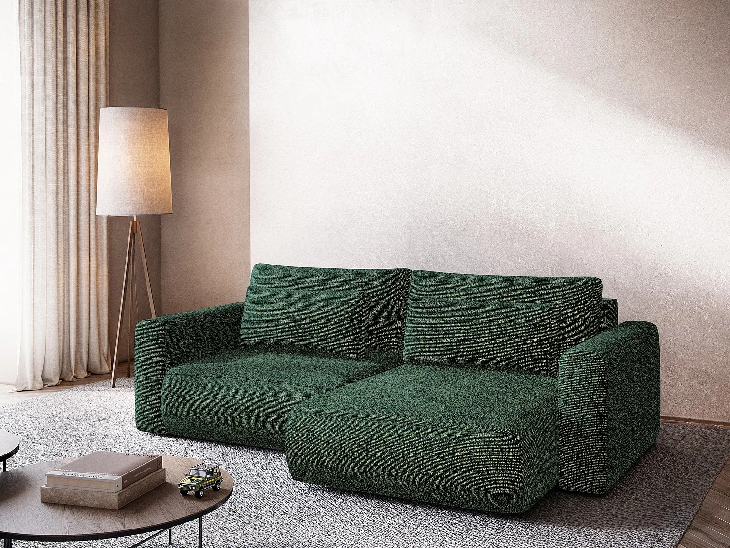 Sofá esquinero convertible 2,5 plazas derecho de tela texturizada verde - KAPUA