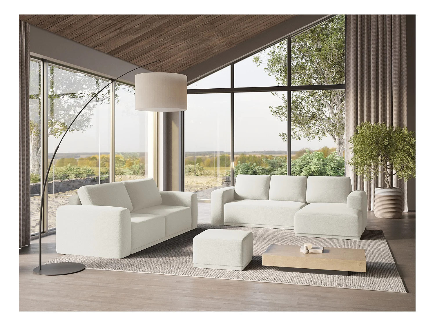 Driezits-slaapbank van wit chenille stof - KAILA