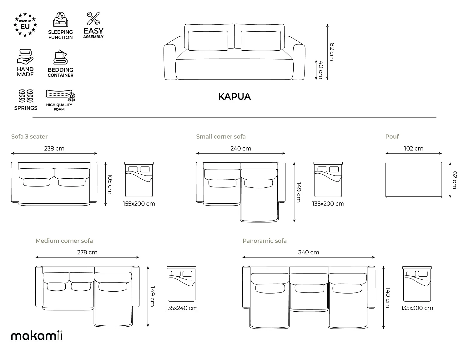 Canapé convertible 3 places en tissu vert KAPUA