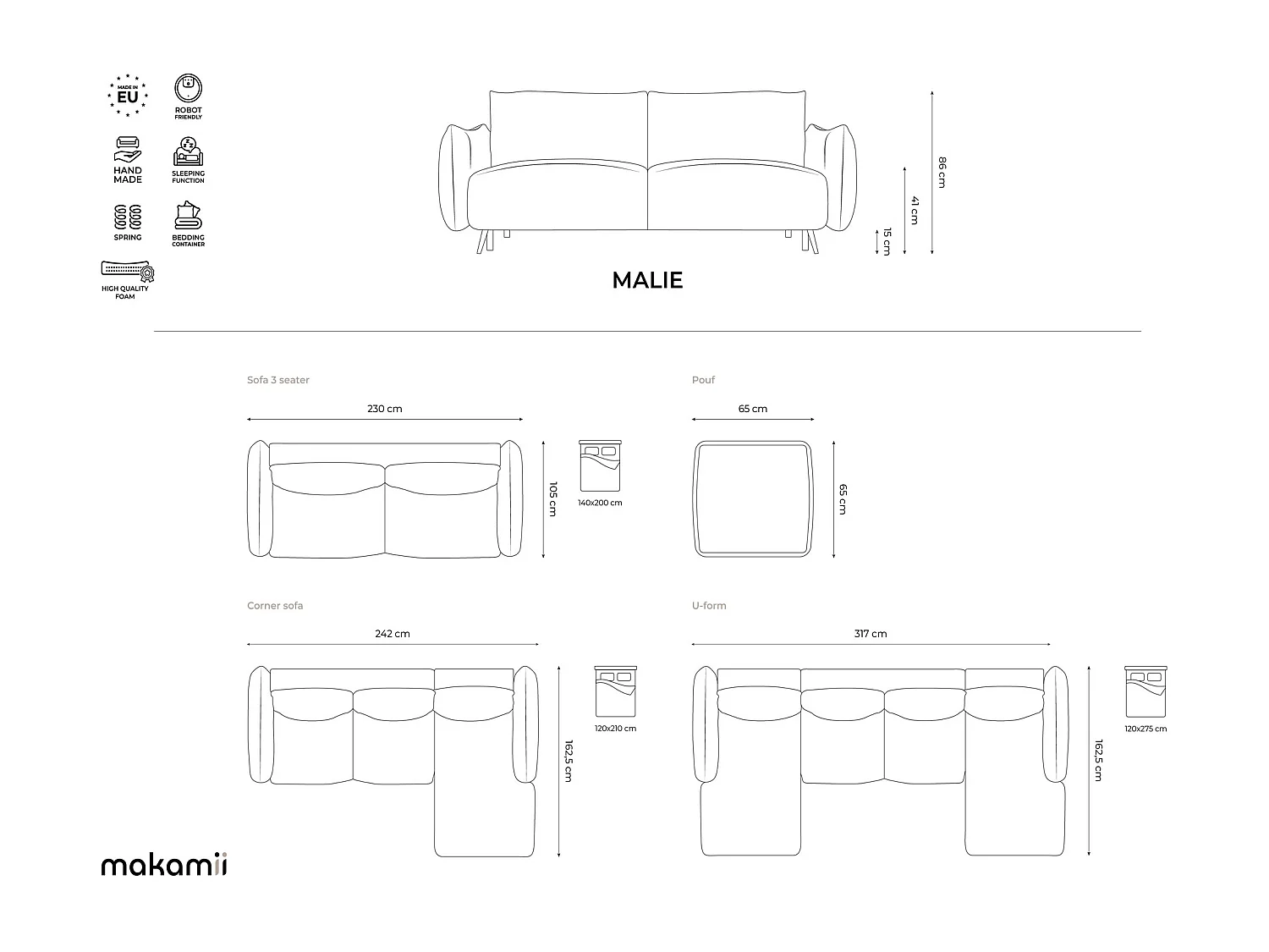 3-Sitzer Ecksofa mit Schlaffunktion - Ecke Links - Samt - Flaschengrün - MALIE