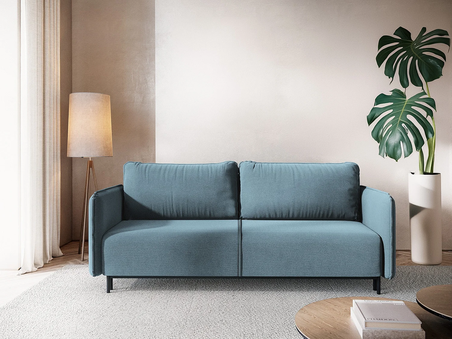 Sofá de 3 lugares convertível em tecido texturizado azul claro - LUANA