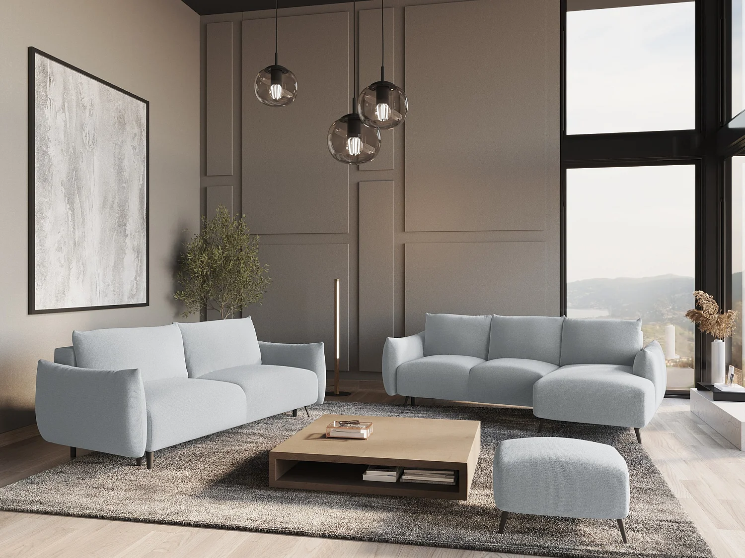 Ecksofa mit Schlaffunktion - Ecke Rechts - Chenille - Hellblau - MALIE