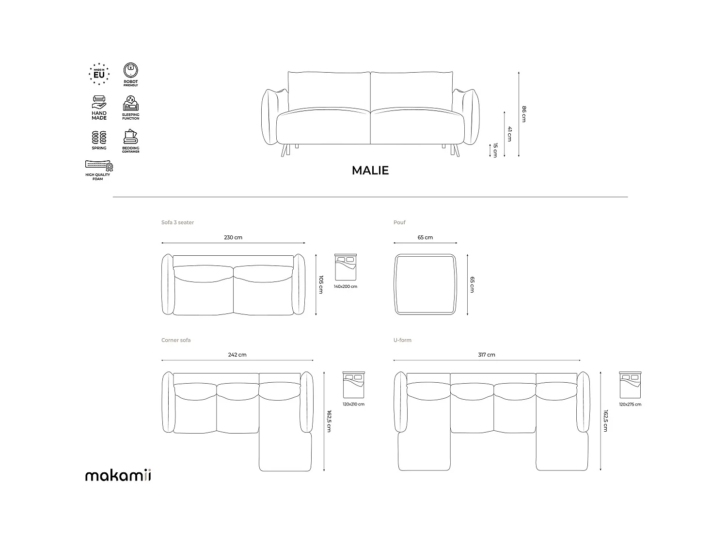 3-Sitzer Sofa mit Schlaffunktion - - Samt - Flaschengrün - MALIE