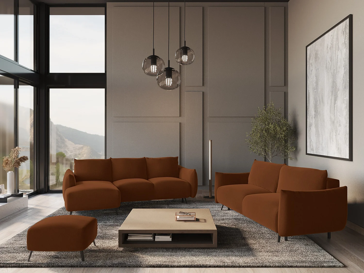 Hoekslaapbank links van terracotta velours - MALIE