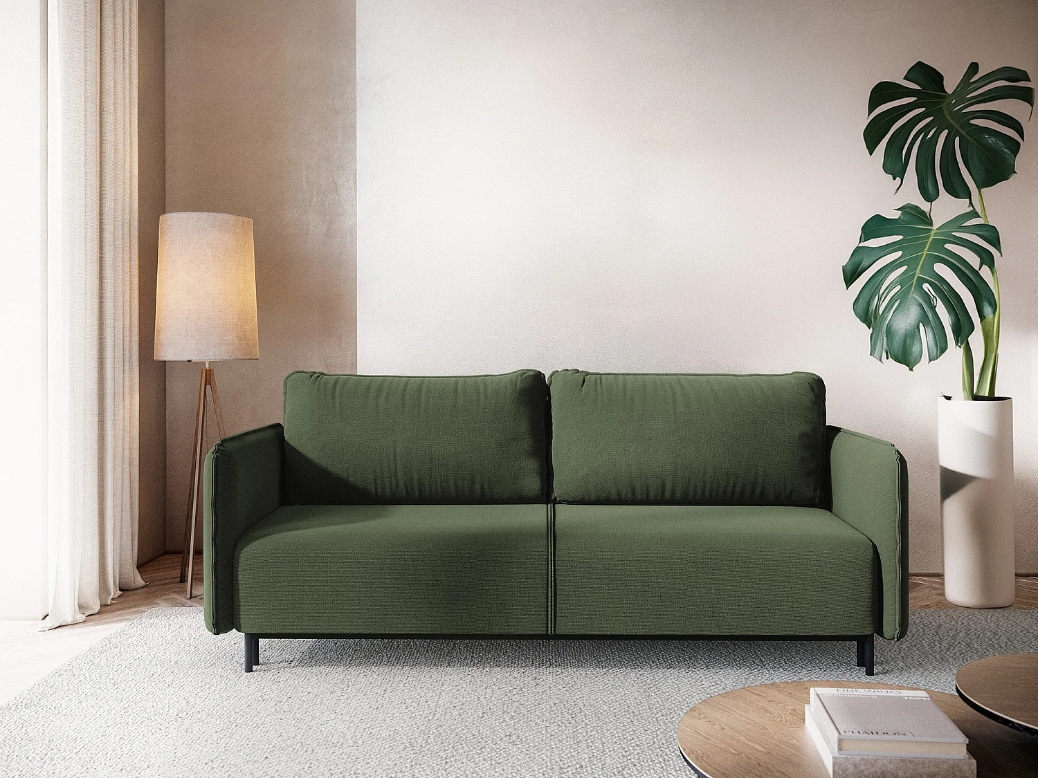 Canapé 3 places convertible en tissu texturé - olive - LUANA