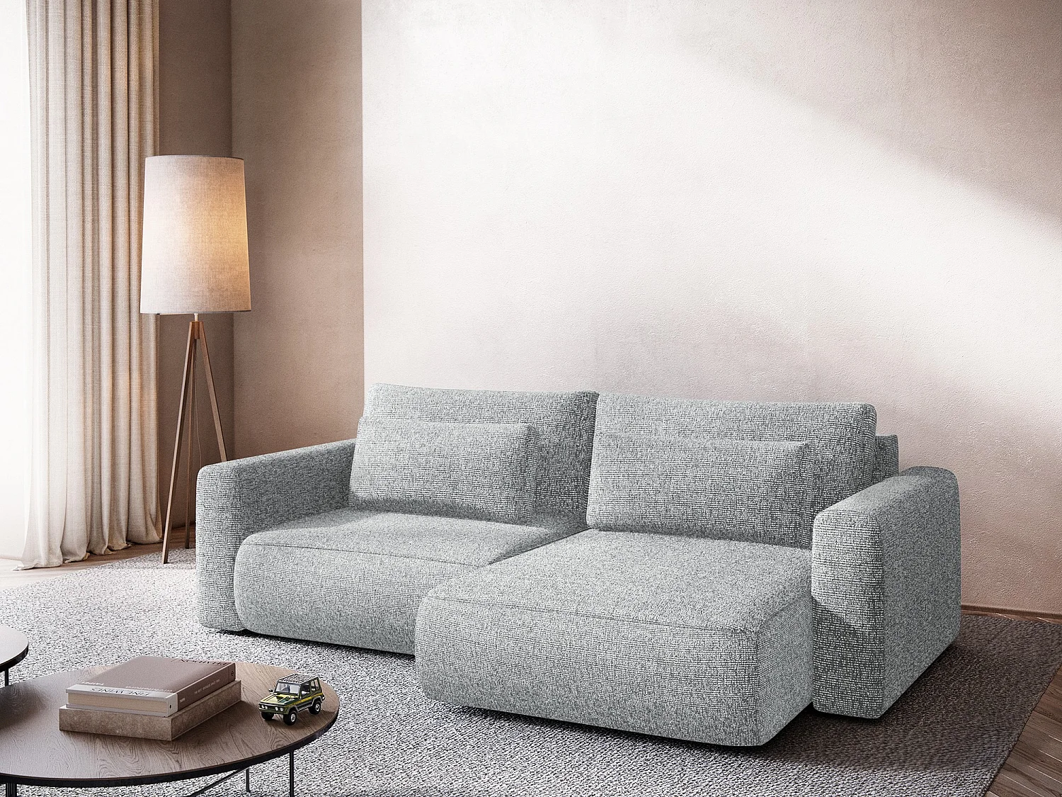 Sofá de canto direito convertível 2,5 lugares em tecido texturizado prata - KAPUA