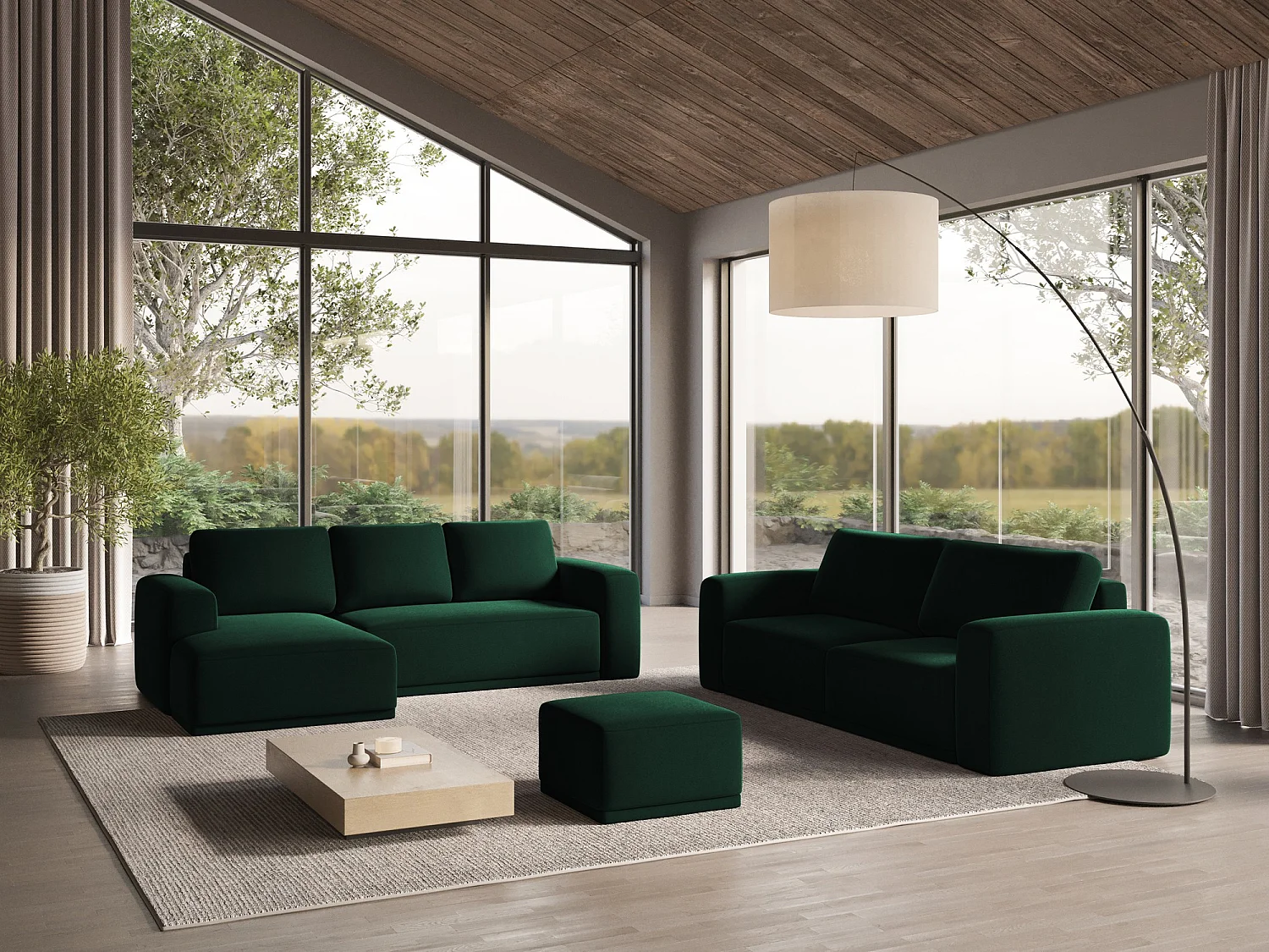 3-Sitzer Ecksofa mit Schlaffunktion - Ecke Links - Samt - Flaschengrün - KAILA