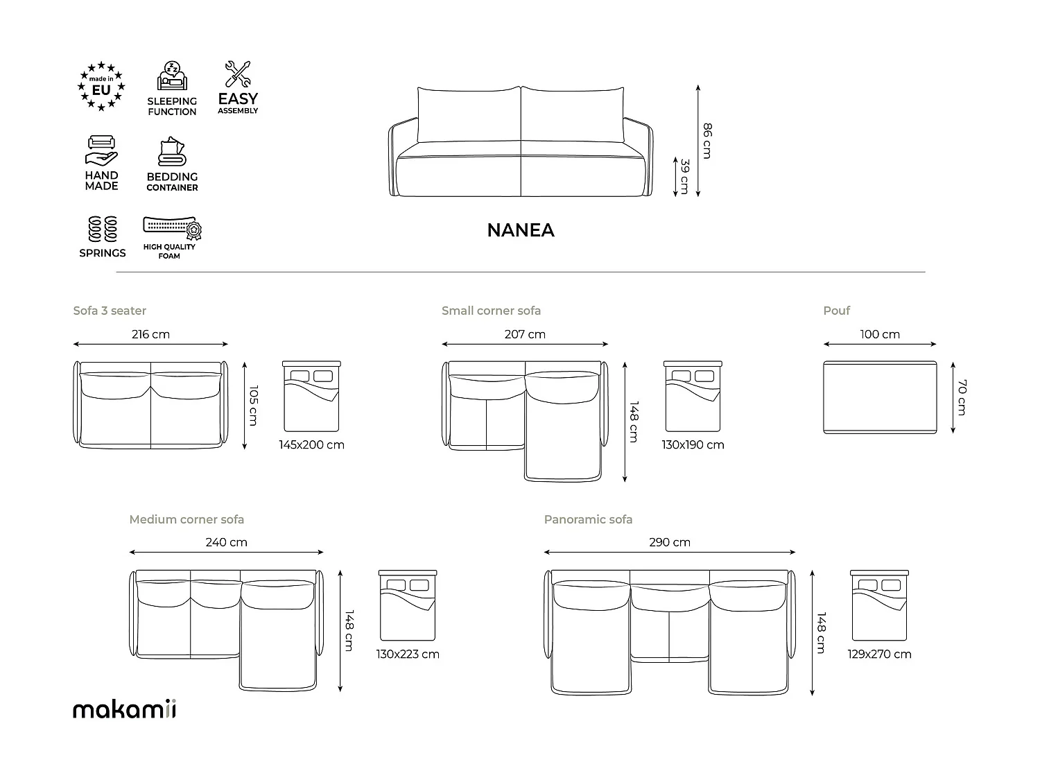 Canapé 3 places convertible en tissu texturé - jeans - NANEA