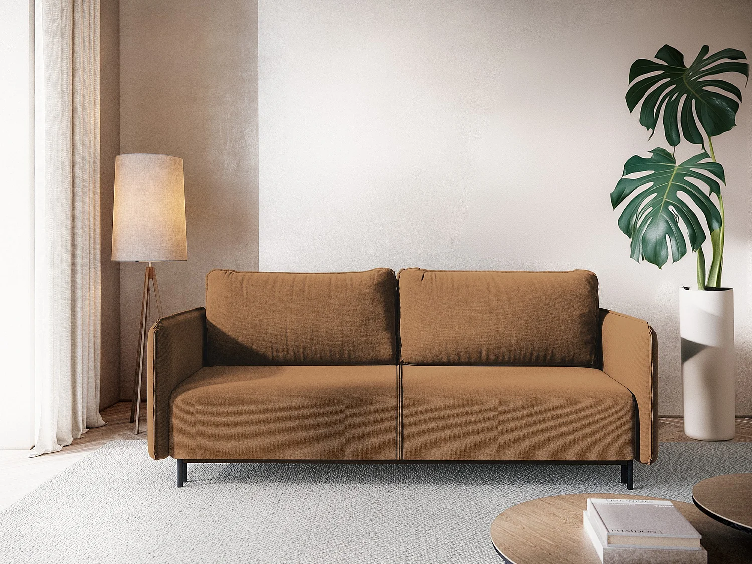 Driezits-slaapbank van terracotta textuurstof - LUANA