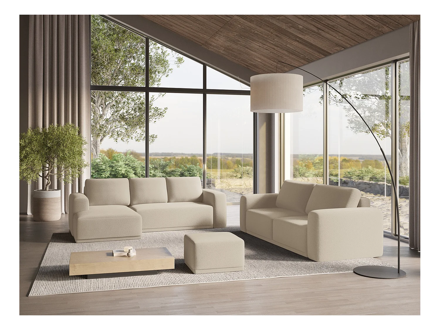 Canapé d'angle gauche convertible en tissu chenille - beige foncé - KAILA