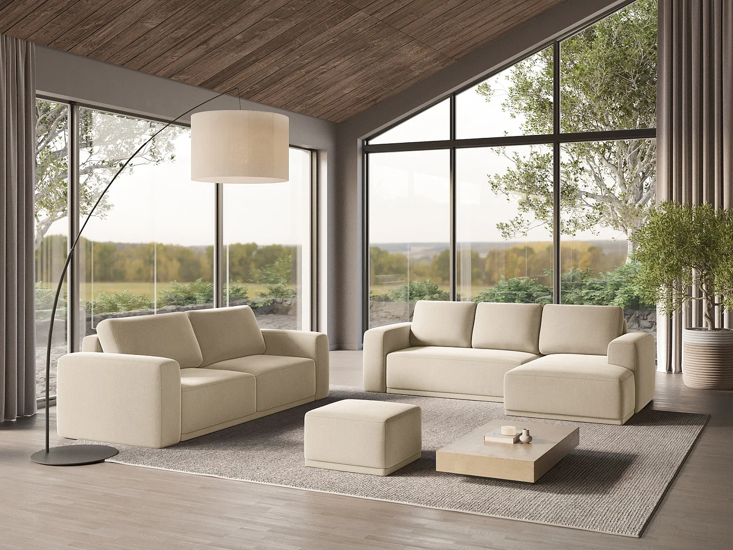 Canapé 3 places convertible en velours - beige clair - KAILA