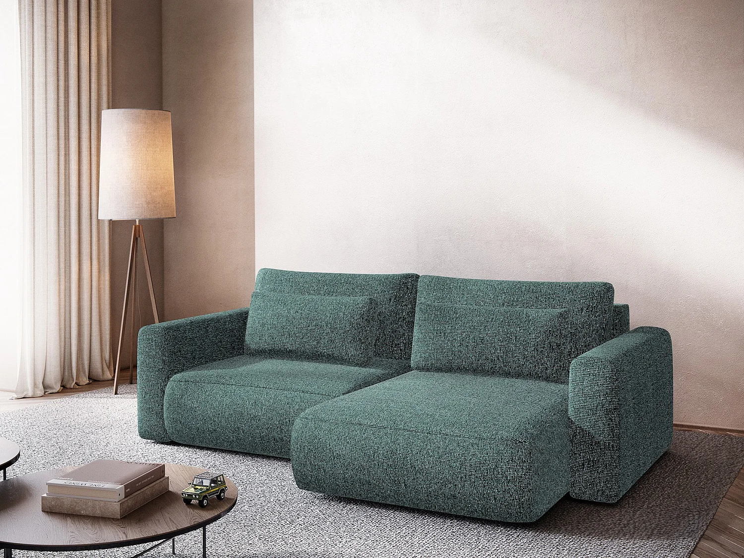 Narożnik prawostronny z funkcją spania - z tkaniny strukturalnej - jeans - KAPUA