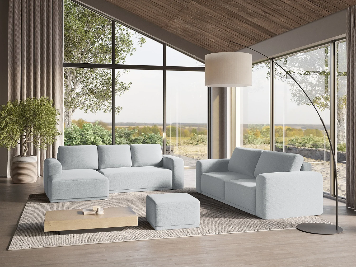 Canapé d'angle gauche convertible en tissu chenille - bleu clair - KAILA