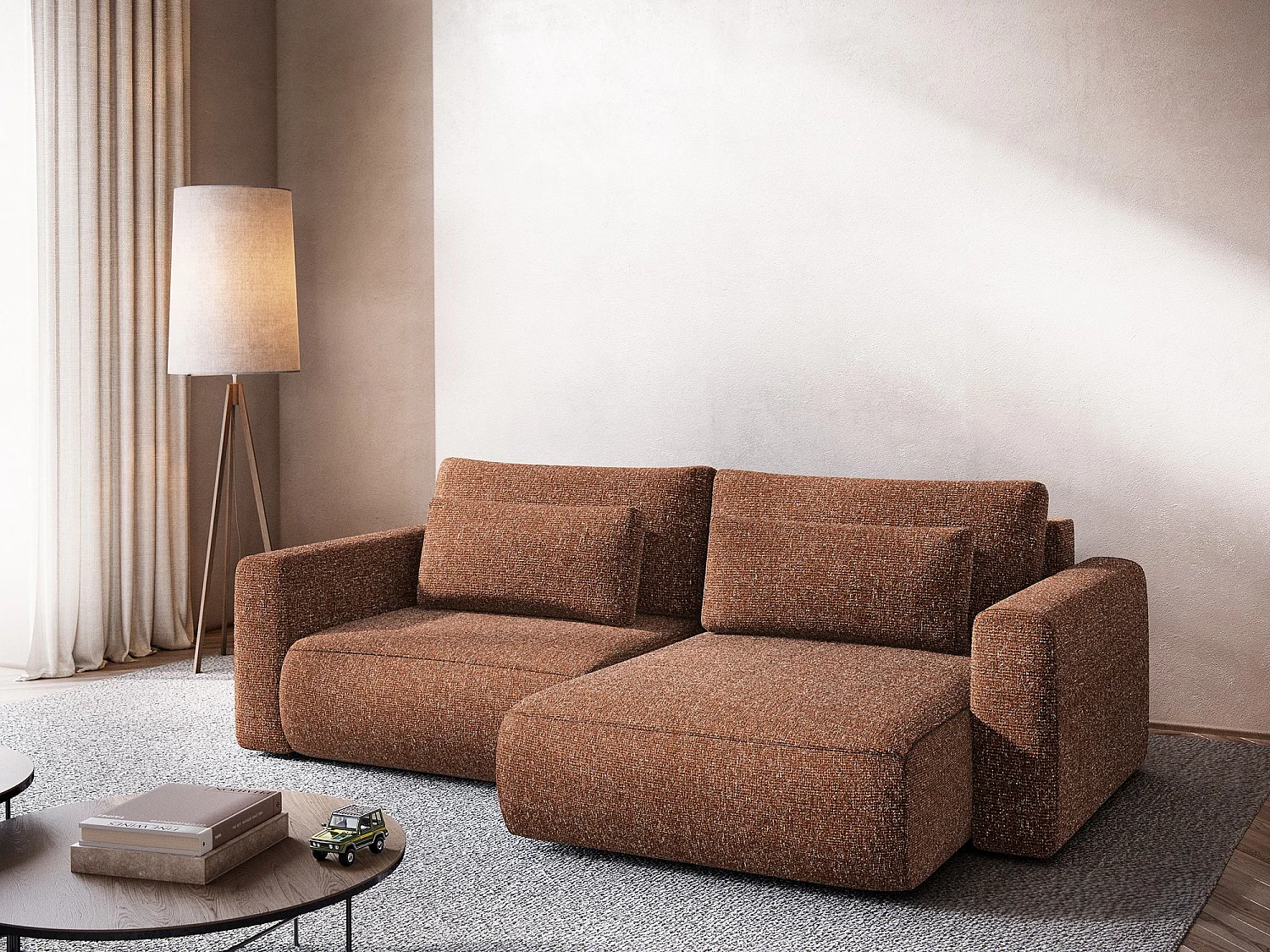 Canapé d’angle 2,5 places droit convertible en tissu texturé - terre cuite - KAPUA