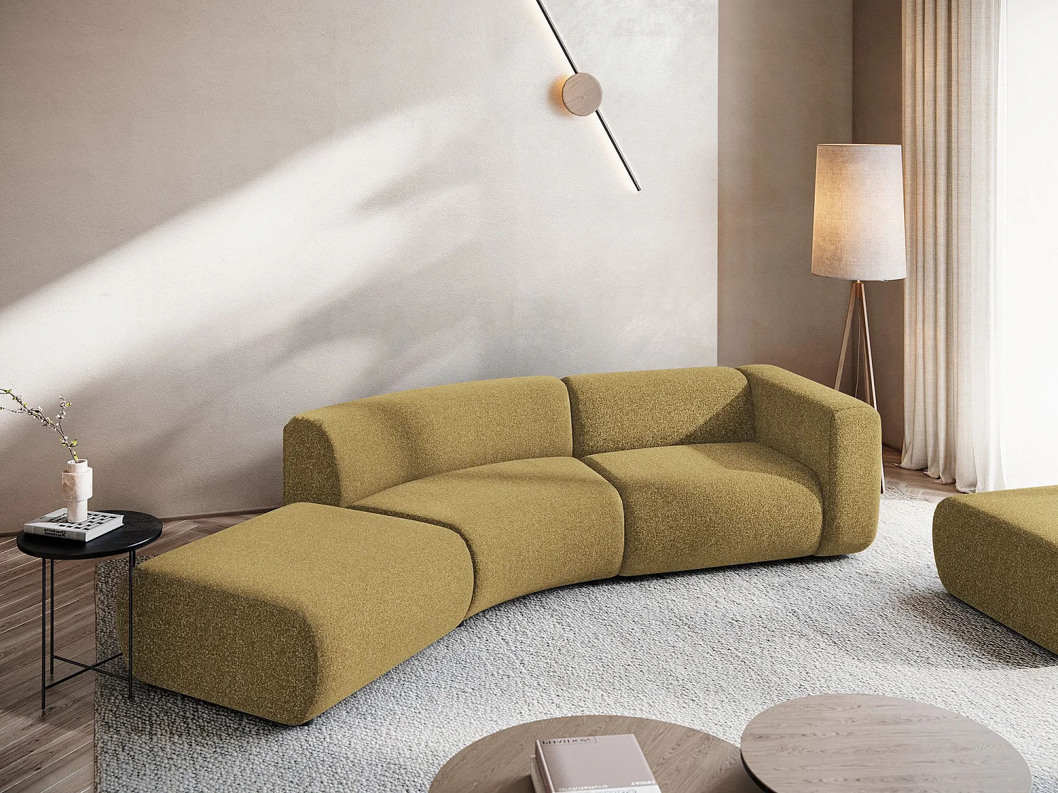 Sofá modular esquerdo 4 lugares em tecido texturizado mostarda - EKAHI