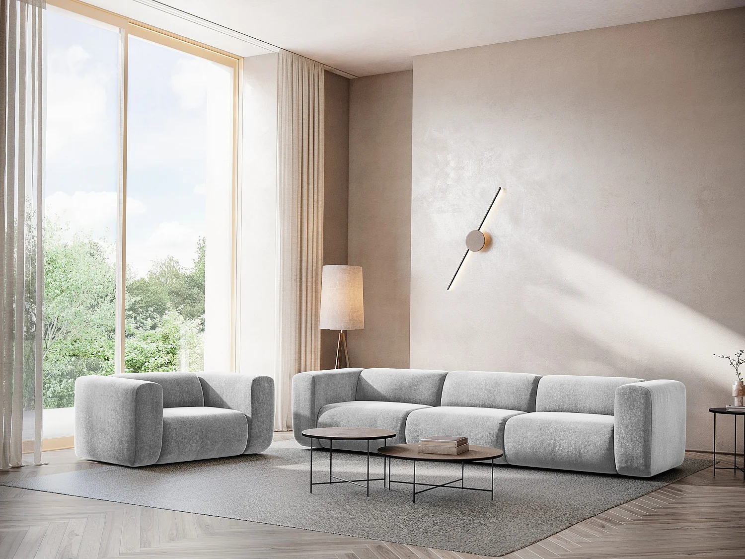 Vierzits modulaire bank van lichtgrijs chenille stof - EKAHI