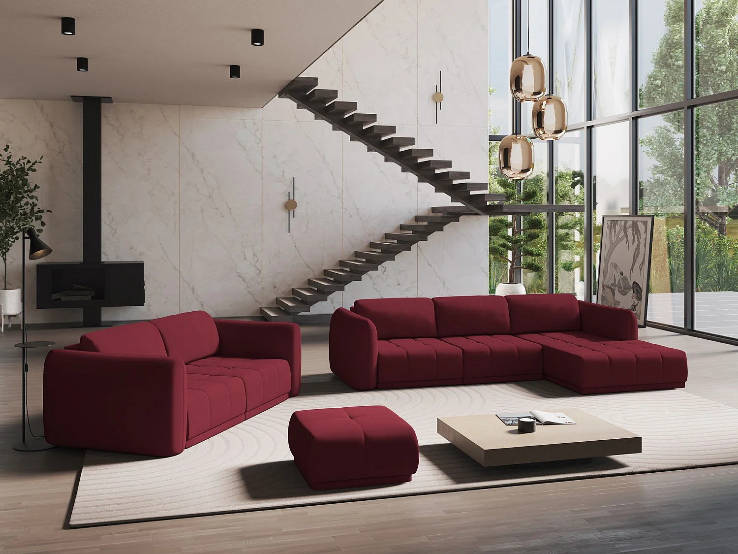 Große Wohnlandschaft - Ecke Rechts - Chenille - Rotwein - HOKU