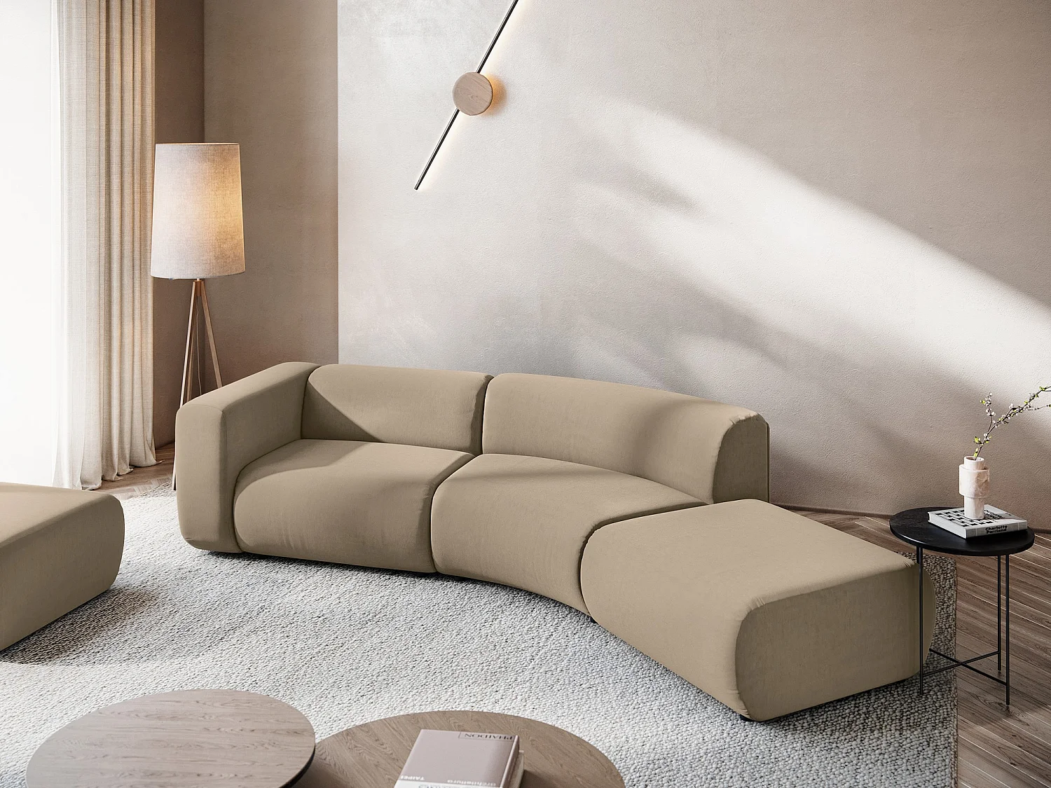 4-Sitzer Sofa Rechts - - Samt - Hell beige - EKAHI