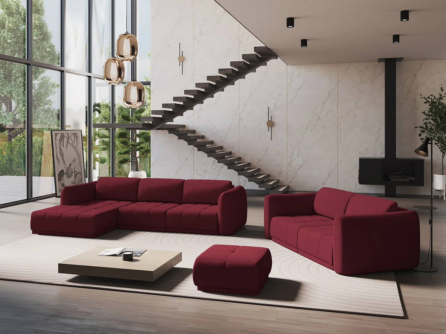 Hoekbank links van bordeaux chenille stof - HOKU