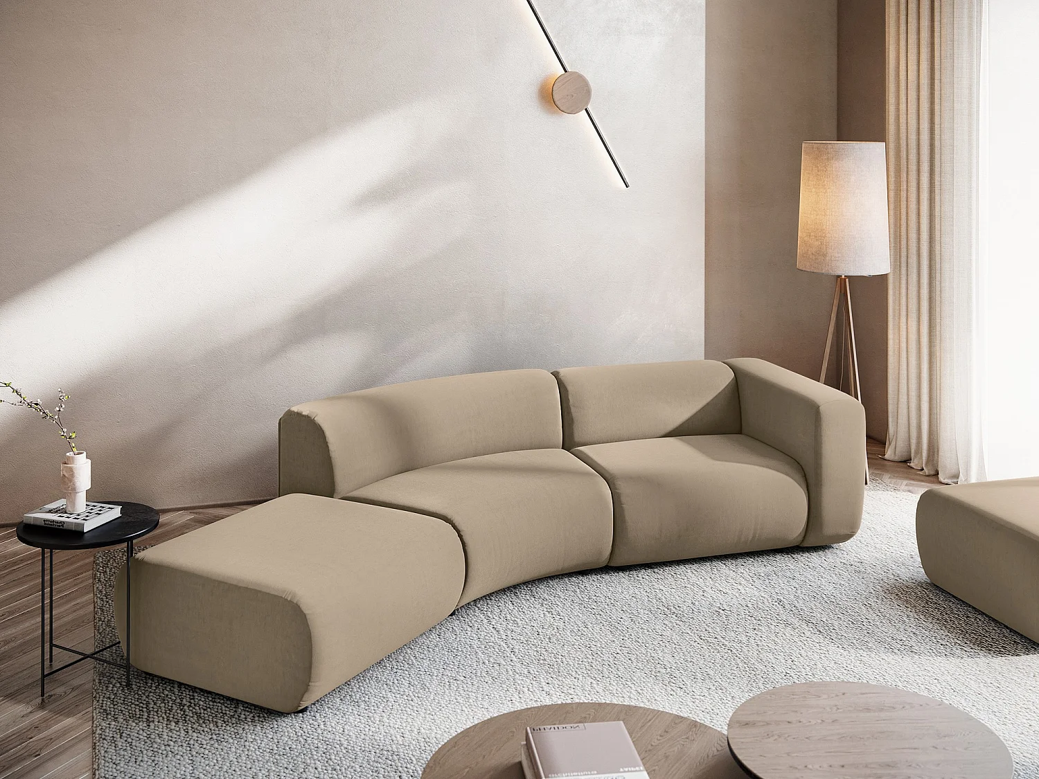 Canapé modulable 4 places gauche en velours - beige clair - EKAHI