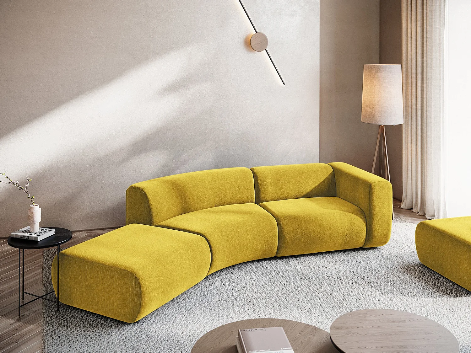 Vierzits modulaire bank links van mosterd chenille stof - EKAHI