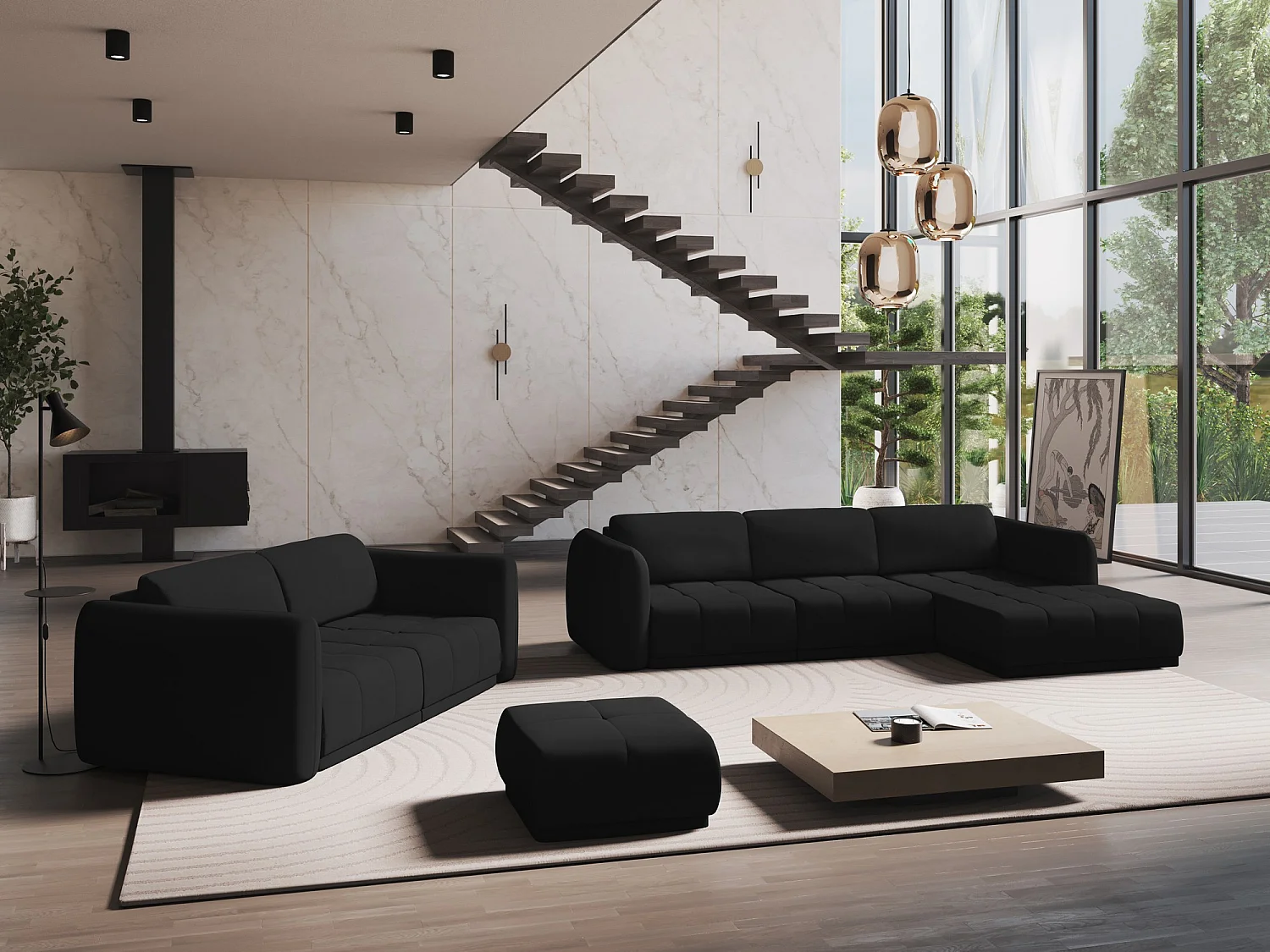 Ecksofa - Ecke Rechts - Chenille - Schwarz - HOKU