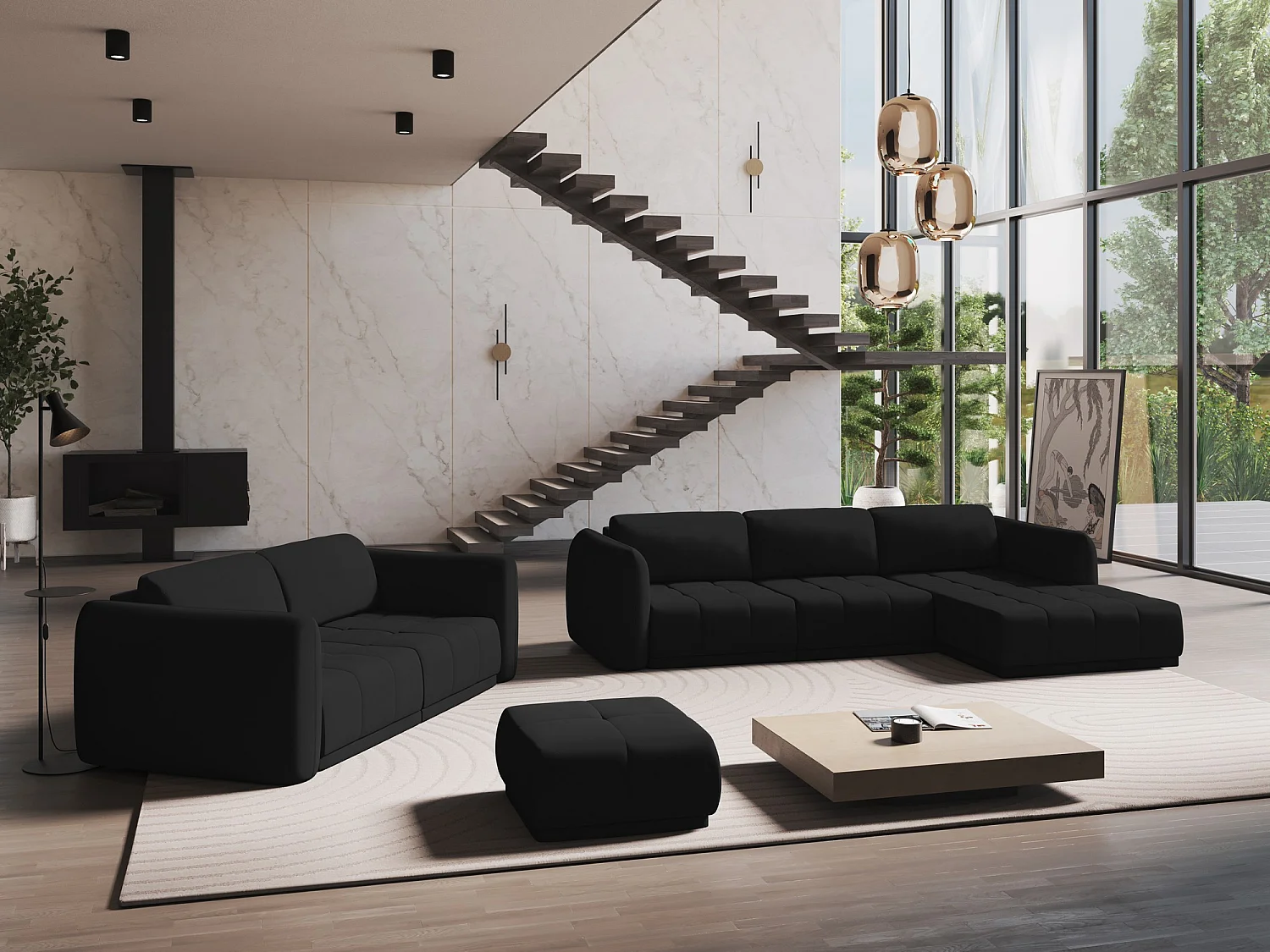 Canapé d'angle panoramique en tissu chenille - noir - HOKU