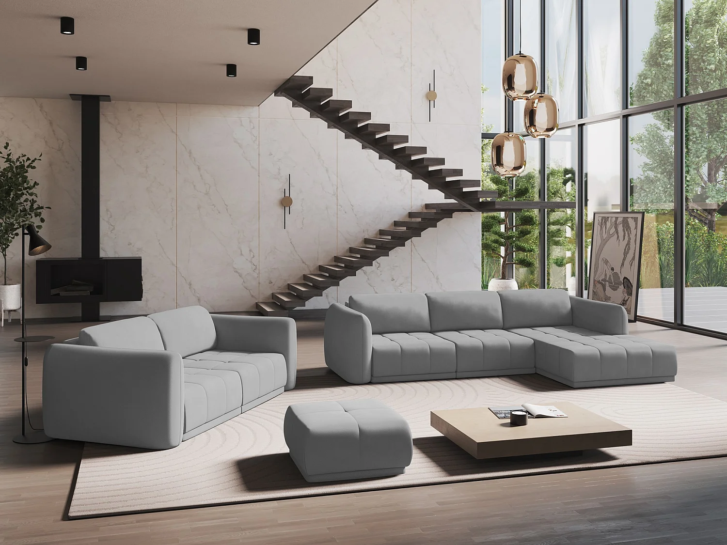 Panoramische hoekbank van lichtgrijs chenille stof - HOKU