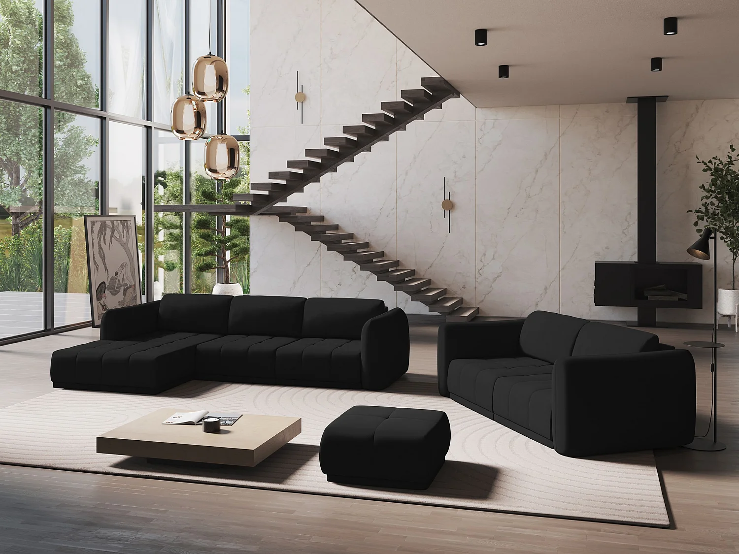 Narożnik lewostronny - z tkaniny szenilowej - czarny - HOKU