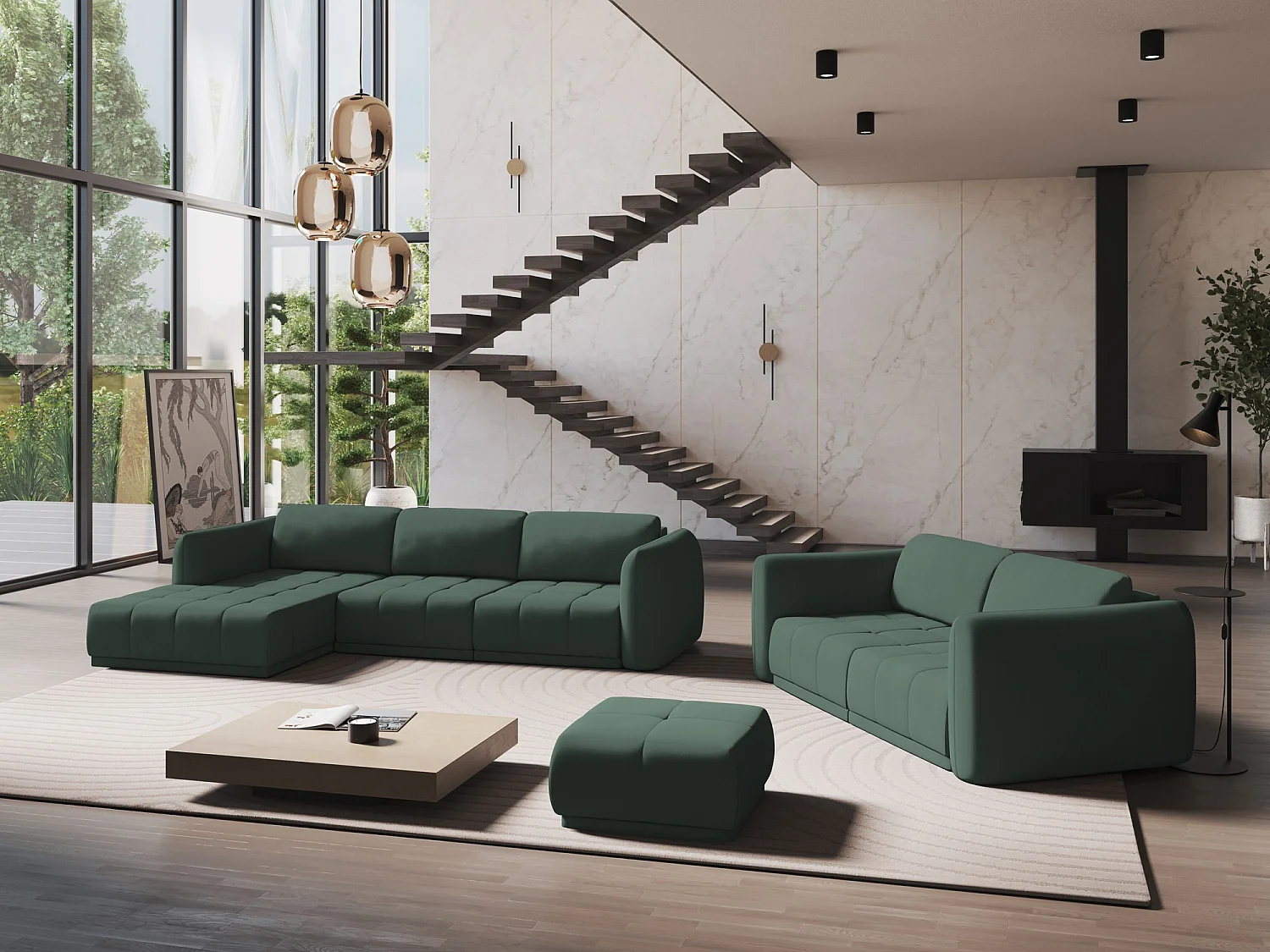 Canapé d'angle gauche en tissu chenille - vert - HOKU