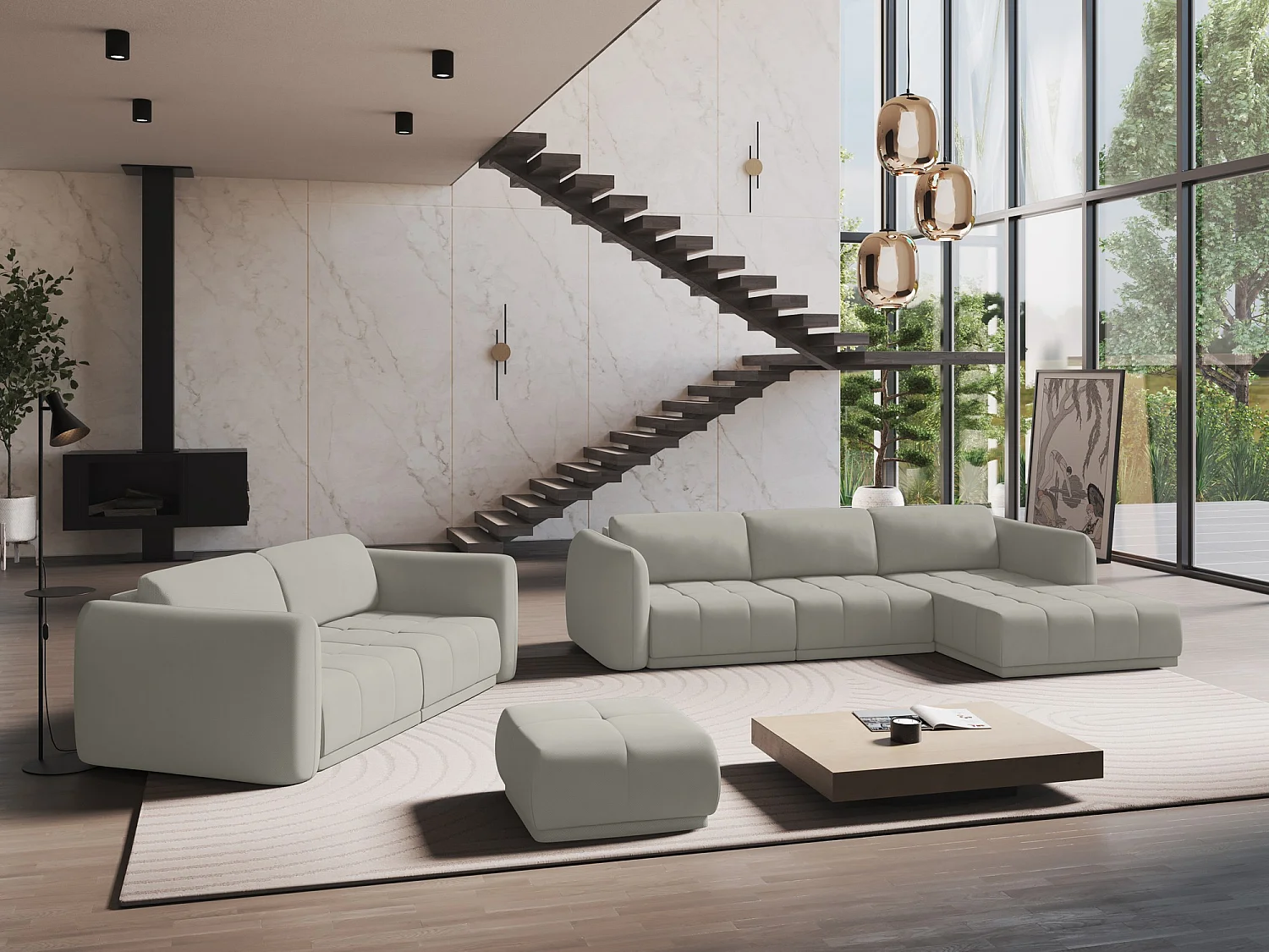 Canapé d'angle panoramique en tissu chenille - beige - HOKU